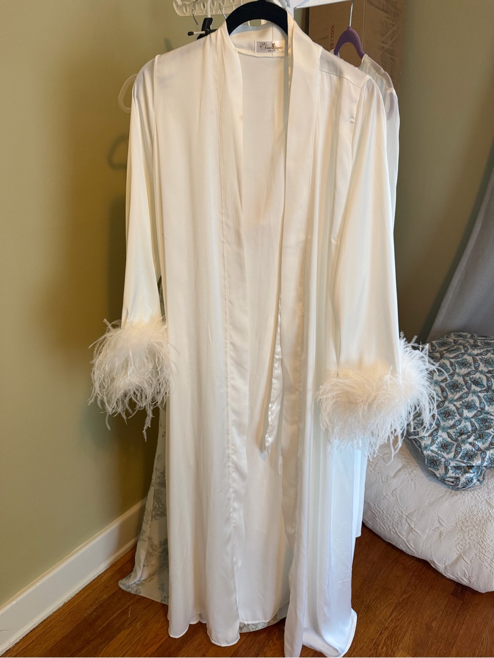 Silky White Feather Trim Long Robe